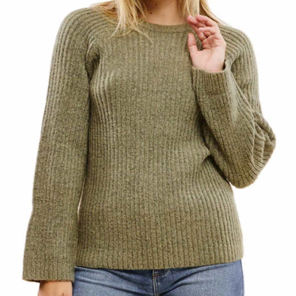NWT Fever Women's Ribbed Crew Neck Bell Sleeve Sweater Green Size L $60 FFF116